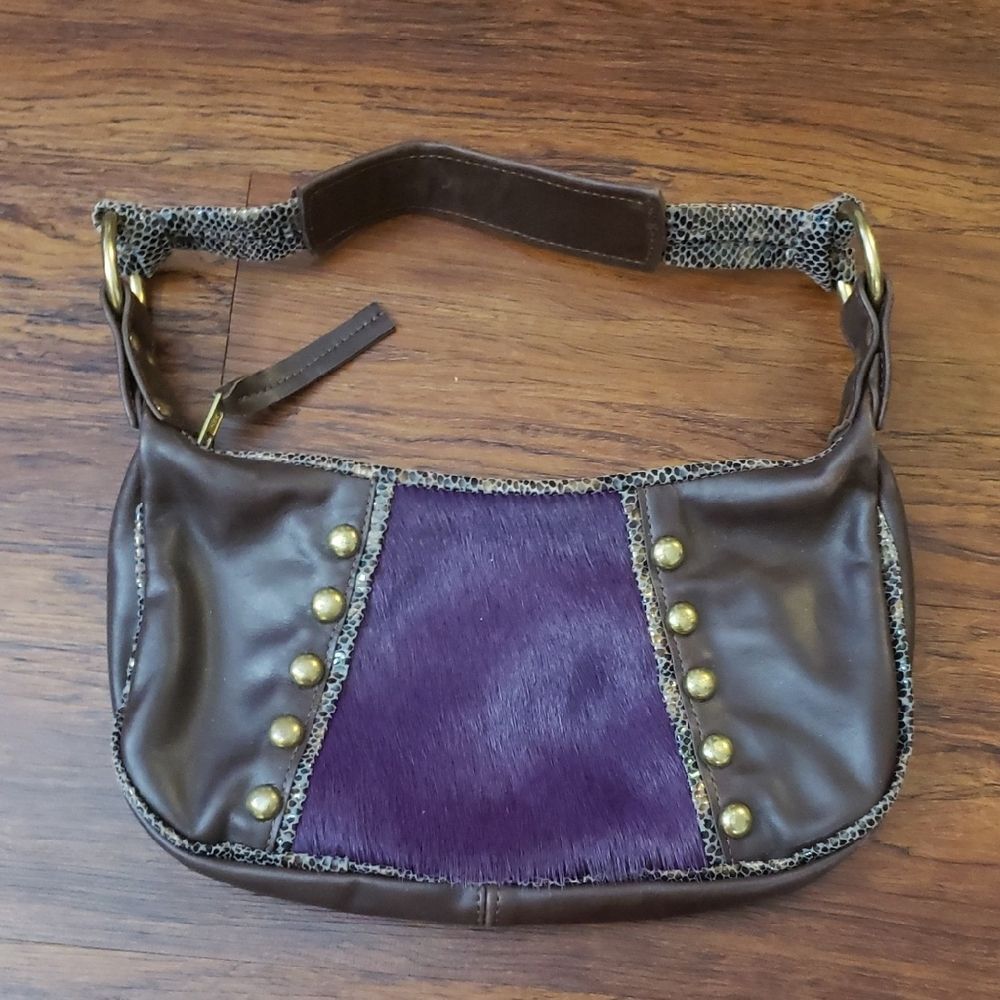 Vintage Y2K Retro Brown Leather Purple Fur Whimsogoth Feminine Women's Hand Bag
